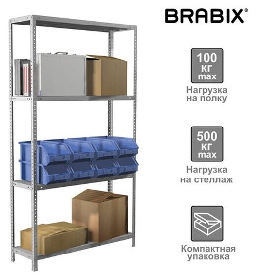 Стеллаж металлический Brabix "MS KD-185/40-4", 1850х1000х400 мм, 4 полки, сборная стойка, 291115, S240BR144402