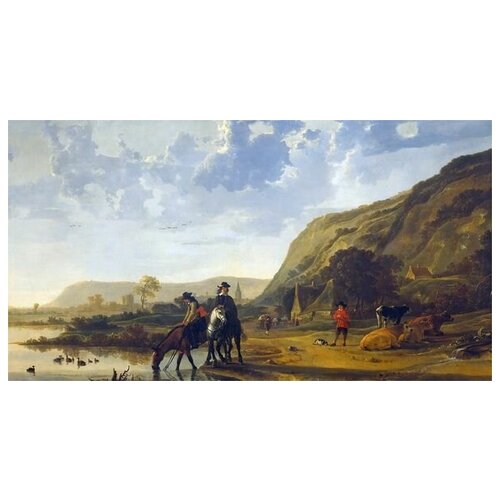 Репродукция на холсте Речной пейзаж с всадниками (River landscape with horsemen) Кейп Альберт 74см. x 40см.