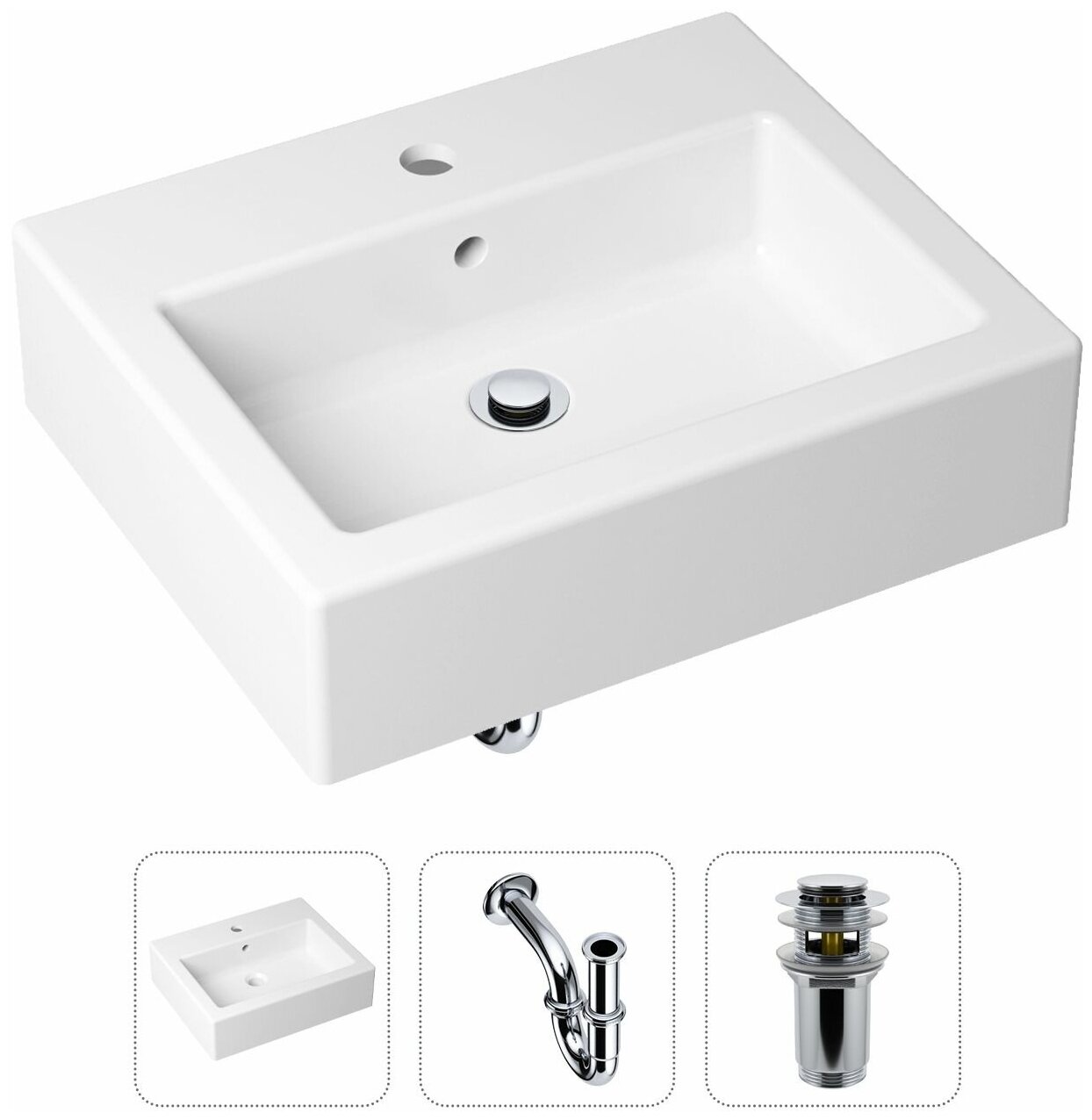 Накладная раковина в ванную Lavinia Boho Bathroom Sink 21520650 в комплекте 3 в 1: умывальник белый, донный клапан и сифон в цвете хром