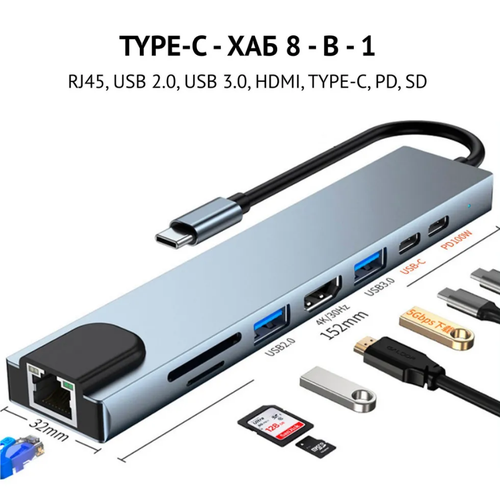 Адаптер-переходник 8 в 1 USB-концентратор Type-C - HDMI, Ethernet, USB-C, USB, SD, TF для Macbook аксессуар адаптер vbparts для apple macbook type c hdmi 2xusb 3 0 sd tf silver 075357