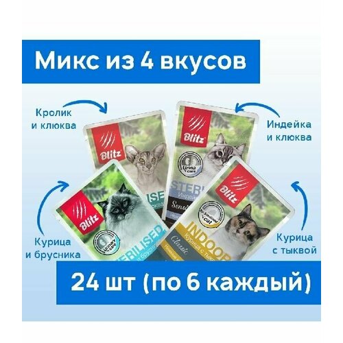 Влажный корм для стерилизованных кошек микс из 4 вкусов Blitz 85г*24шт Курица, индейка, кролик