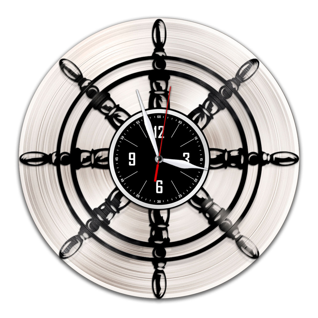 Штурвал - настенные часы из виниловой пластинки (с серебряной подложкой)