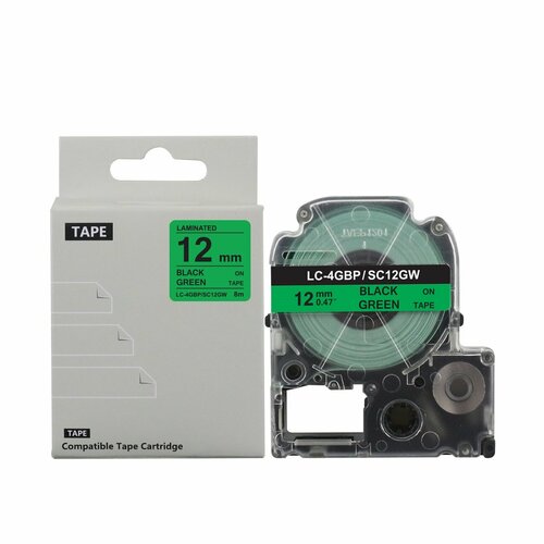 Картридж BYZ LC-4GBP / SC12GW с самоклеящейся термолентой для принтеров Epson, 12 мм, 8 м, черный текст на зеленой ленте
