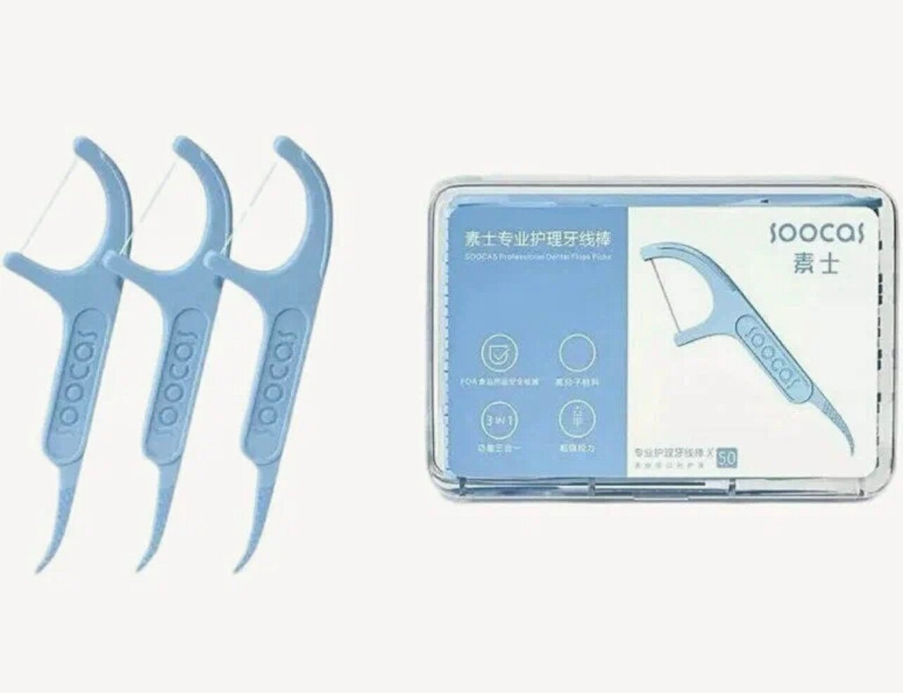Soocas зубная нить Floss Pick, 55 г, мята, голубой — фото 1