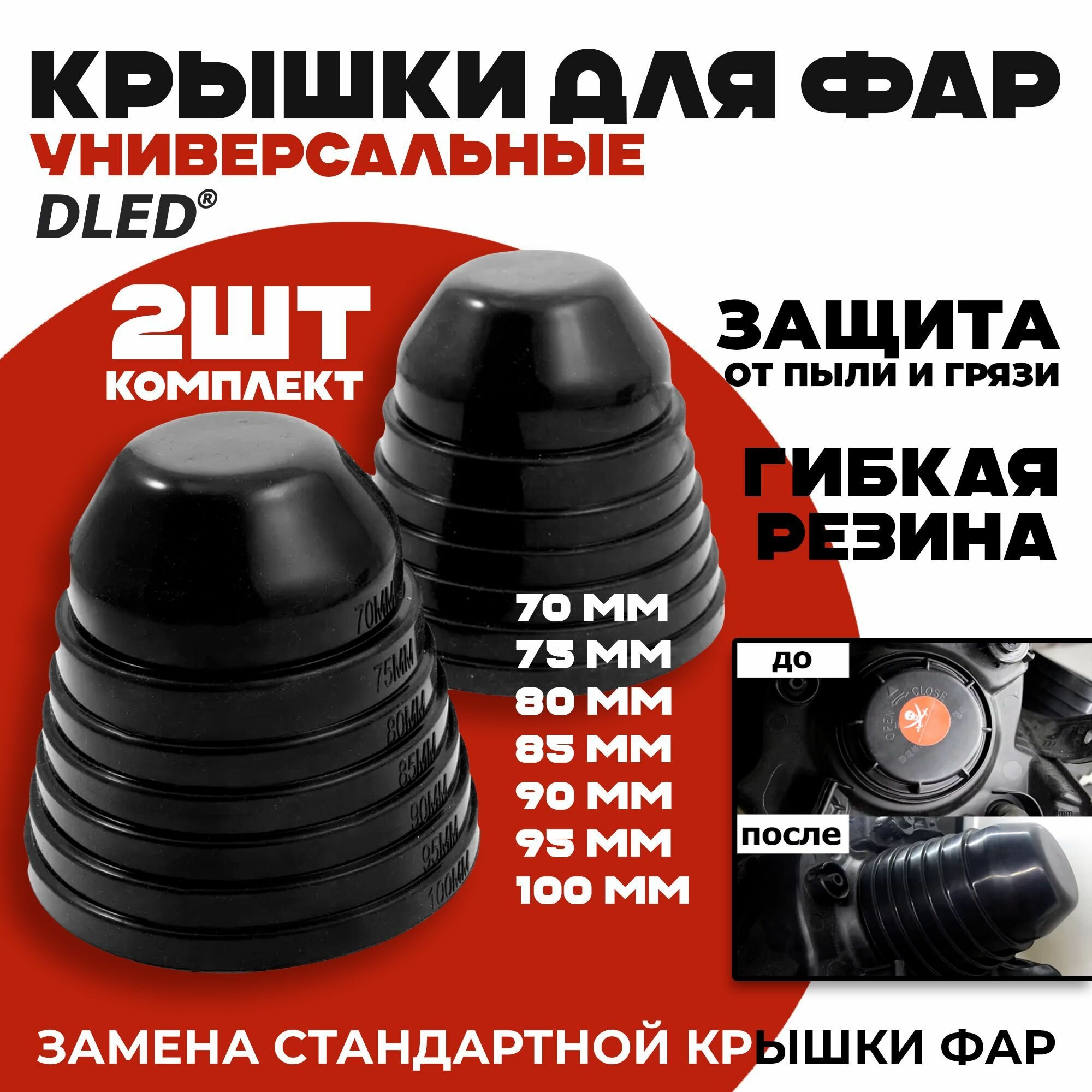 2шт Накладки-крышки для фары резиновые 70-100мм черные / заглушка на фару