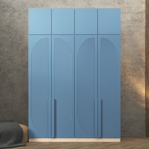 Шкаф Агератум МДФ четырехсекционный с антресолью в синей эмали - Дуб молочный 8622 190*45*220