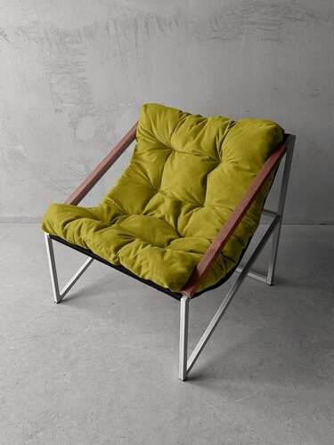 Изображение товара Кресло мягкое удобное для отдыха, уличное, на балкон, на веранду, в стиле лофт, минимализм, Слэш ++ велюр желтый, белый металл
