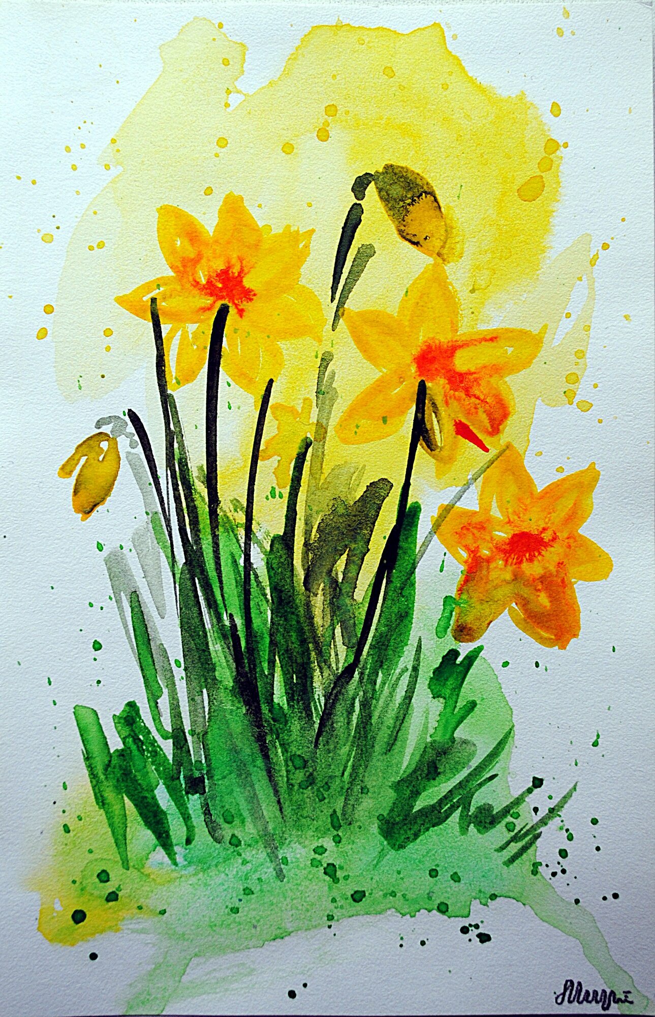 Картина акварель Нарциссы. Картина с цветами. Авторская картина. Без рамы. 185х12 см