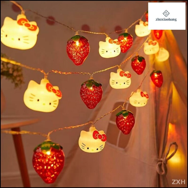 Уличные LED-гирлянды Hello Kitty в форме клубники, 3 м, 20 ламп, на батарейках для декора сада и вечеринок