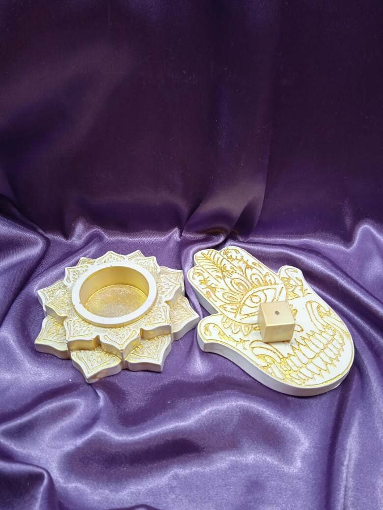 Подсвечник Арабская вязь для чайной плавающей свечи белый с золотом 1 штука гипс высота 2см/наружный диаметр 10см/внутренний диаметр 4см на подарок - фотография № 5