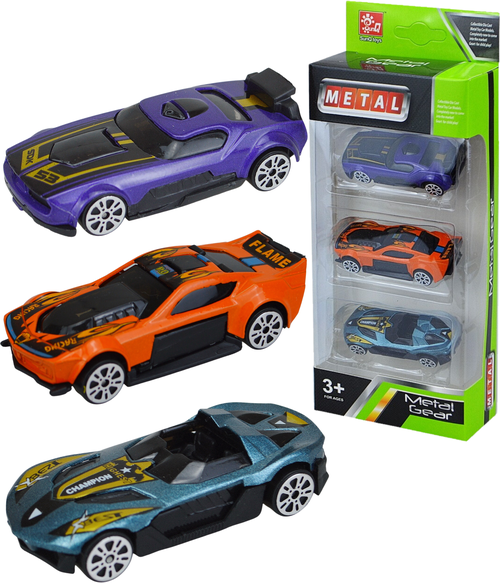 Набор машинок Спортивные автомобили, металлические, для мальчиков, фиолетовая, оранжевая, голубая, 3 штуки в наборе.