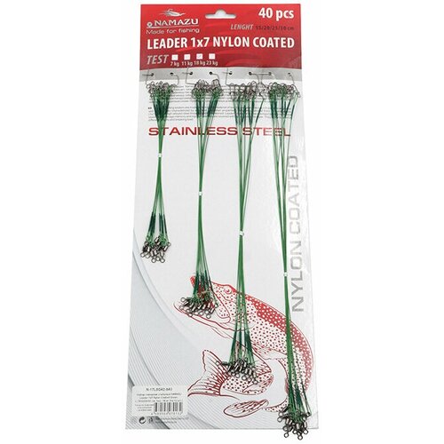 поводок стальной bft stiff jerkbait leader stainless 30см Набор поводков стальных NAMAZU Leader 1х7 Nylon Coated Green, L-15/20/25/30 см, test- 11 кг (по 10 ш