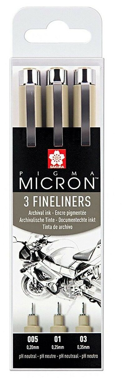 Набор капилярных ручек Sakura Pigma Micron, 3 штуки (0.2 мм, 0.25 мм, 0.35 мм), цвет чернил: черный