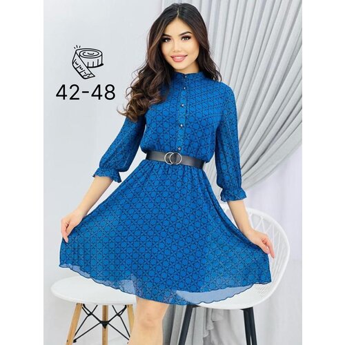 Платье с запахом свободный силуэт, до колена, размер 42, голубой, фиолетовый