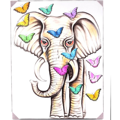 Для дома Индонезия Картина на холсте, Слон и бабочки, размер 90х70 см.