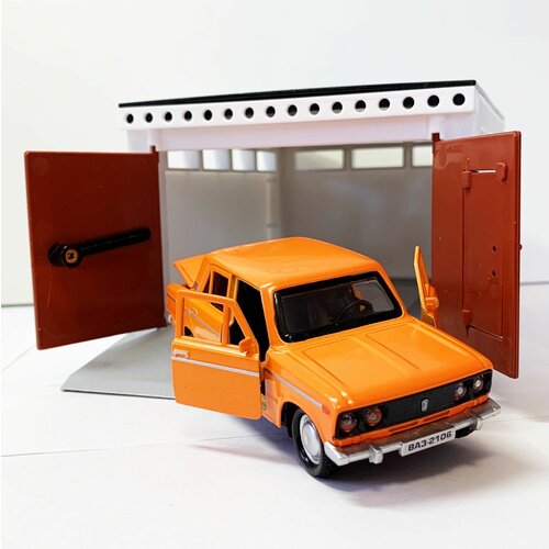 фото Гараж с распашными воротами и металлическая инерционная машинка ваз 2106 с открывающимися дверями и багажником (оранжевая) форма