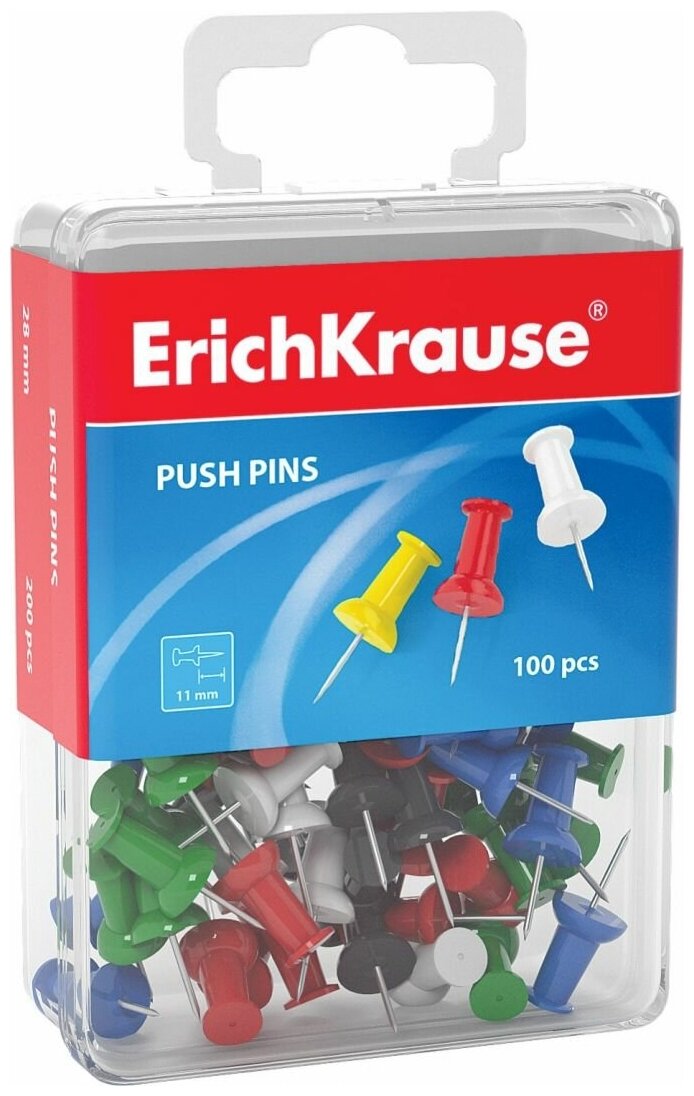 Кнопки силовые ErichKrause® цветные (пластиковая коробка 100 шт.)