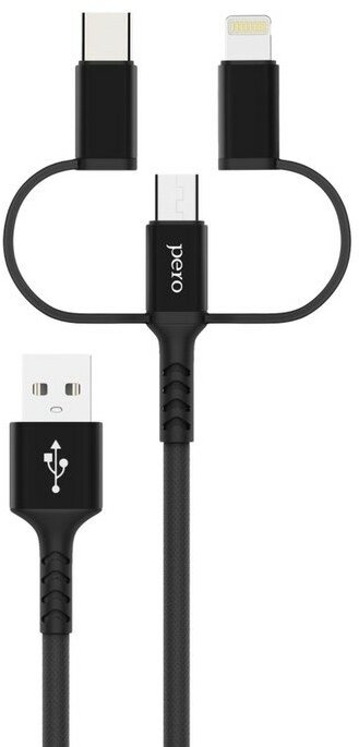 Кабель 3 в 1 PERO DC-06 Universal, USB - microUSB/Lightning/Type-C, 2.4 А, 2 м, черный