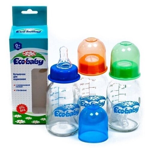 Eco Baby Бутылочка для кормления с силиконовой соской стеклянная, 120 мл