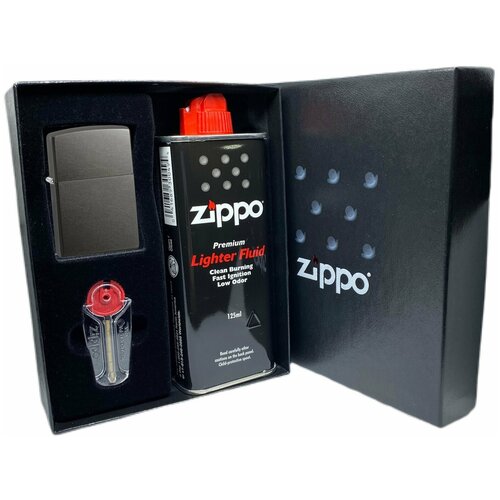 Подарочный набор ZIPPO ( Зажигалка ZIPPO 28378 Classic, серая, с покрытием Gray Dusk + кремни + топливо, 125 мл )