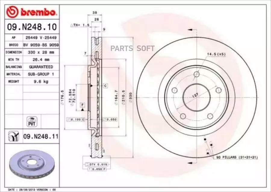 Диск тормозной передний CHRYSLER GRAND VOYAGER V (RT) 10/07>/FIAT FREE BREMBO 09 N24811