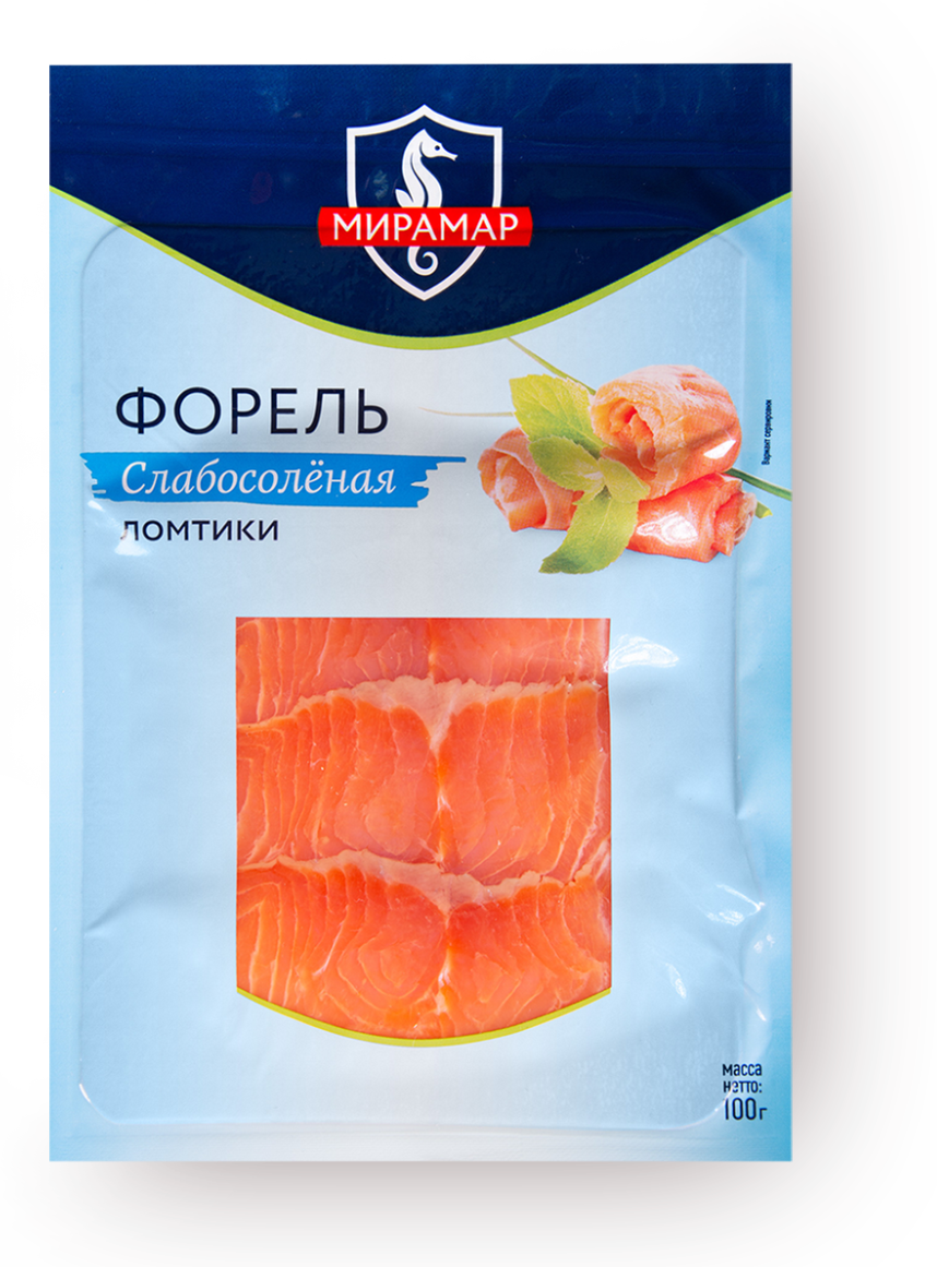 Форель Мирамар, филе-ломтики, слабосоленая, без головы, вакуумная упаковка, 100г