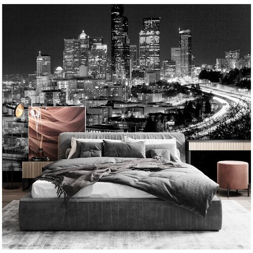 Фотообои 3D Ночной город черно-белые 300х270 ШхВ Фотообои 3D на стену флизелиновые 300х270 Фотообои в гостиную спальню зал кухню с городом Обои виниловые на флизелиновой основе с видом на город черно-белые 7250₽