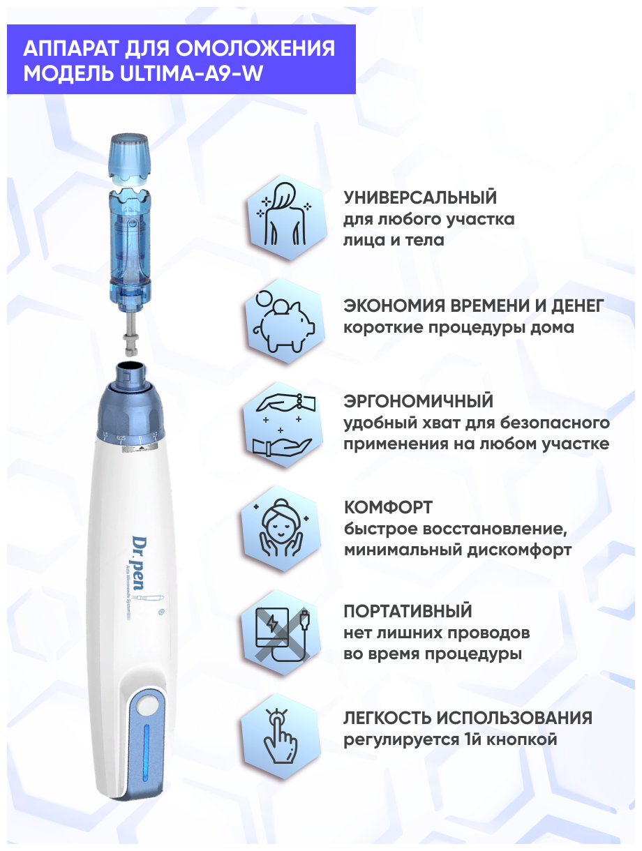 Dr.pen Аппарат для фракционной мезотерапии / микронидлинга / электрический мезороллер для лица / дермапен , ULTIMA-A9-W - фотография № 2