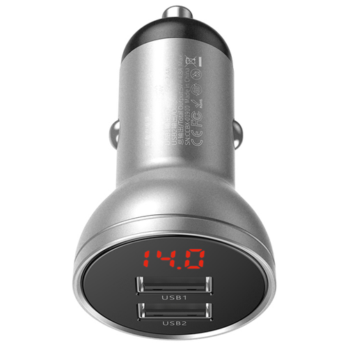 фото Автомобильное зарядное устройство baseus digital display dual usb 4.8a, 2.4a, серебристый