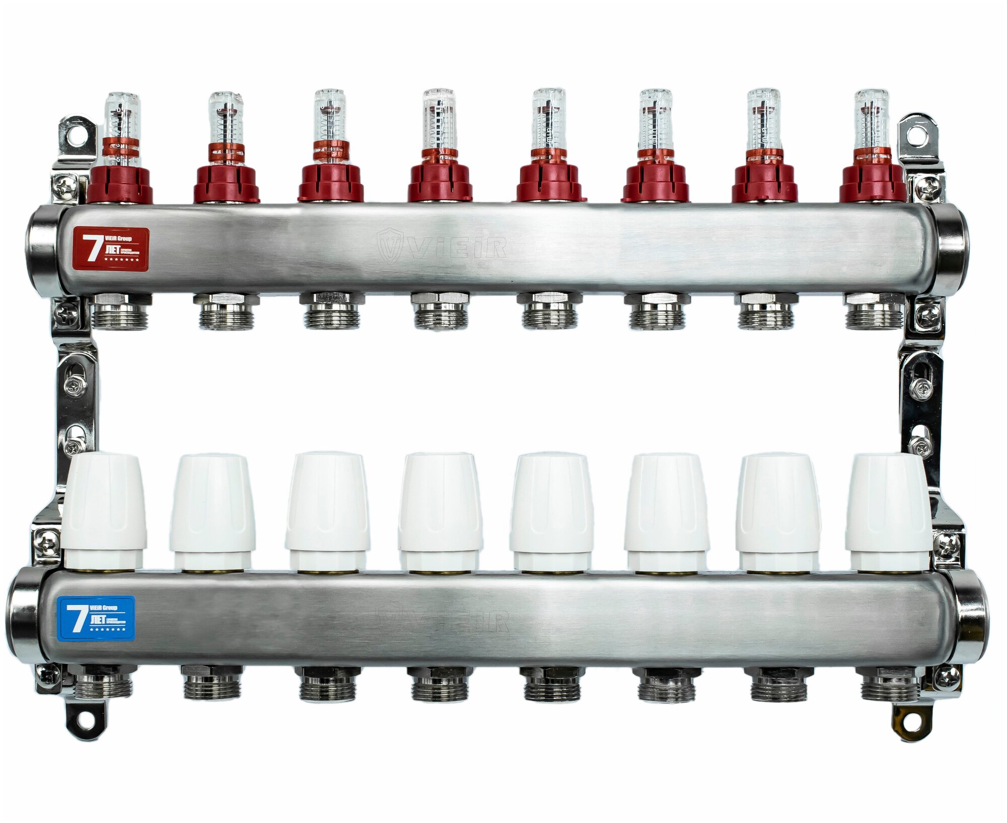 Коллектор теплого пола 8 выходов с расходомерами 1"x3/4" "ViEiR" Проходная коллекторная группа 8 контуров