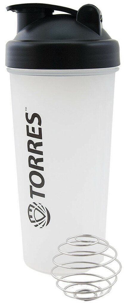Шейкер спортивный TORRES , арт.S01-600-01, 600мл, черная крышка с колпачком, пластик, прозрачный