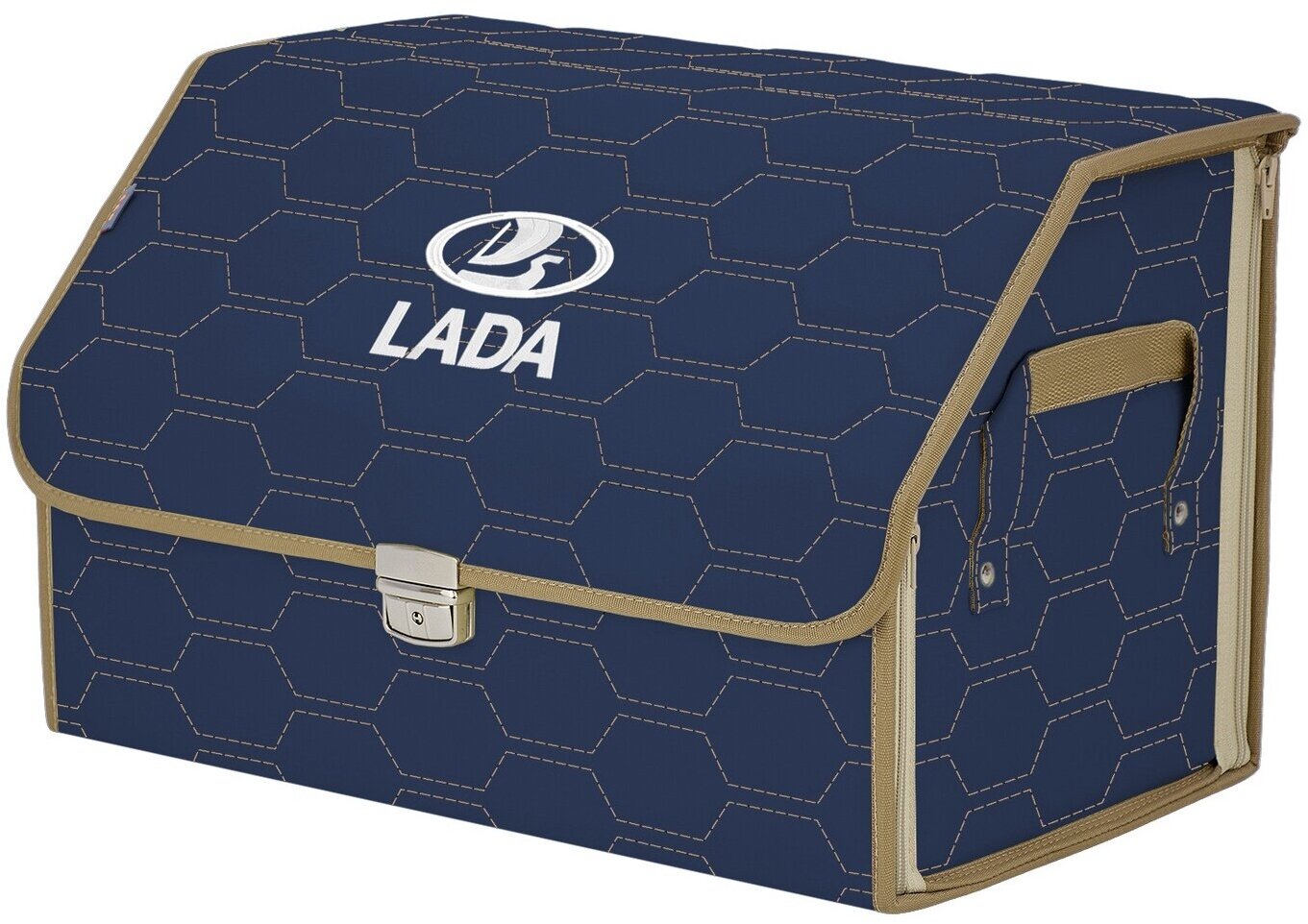 Органайзер-саквояж в багажник "Союз Премиум" (размер L). Цвет: синий с бежевой прострочкой Соты и вышивкой LADA (лада).