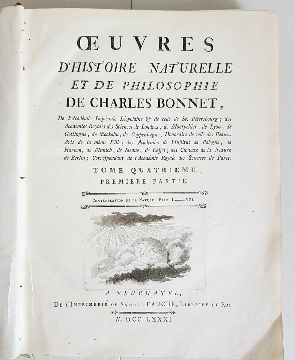 "Oeuvres d'histoire naturelle et de philosophie de Charles Bonnet." Charles Bonnet, Neuchatel, Chez S. Fauche, 1783 г.