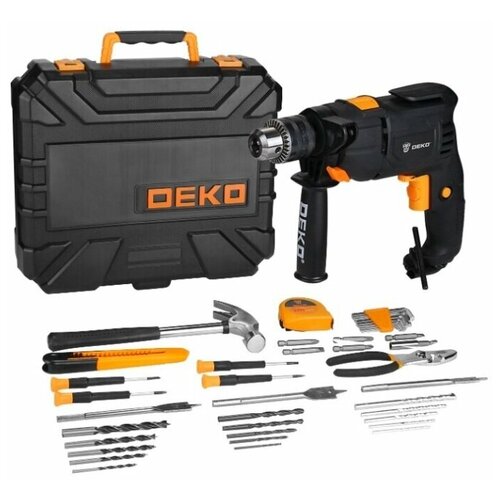 Ударная дрель DEKO DKID600W кейс + набор инструментов 40 предметов черный/оранжевый