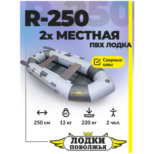 фото Лодка пвх лодки поволжья r-250 надувная под мотор двухместная для рыбалки, серо-черная