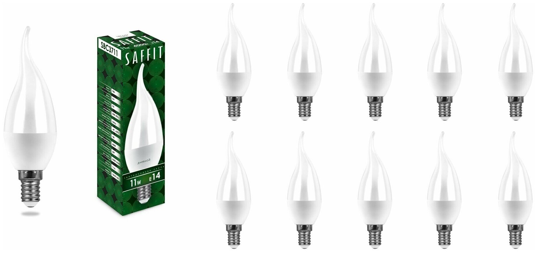 55133 Лампа светодиодная SAFFIT SBC3711 Свеча на ветру E14 11W 4000K, упаковка 10шт