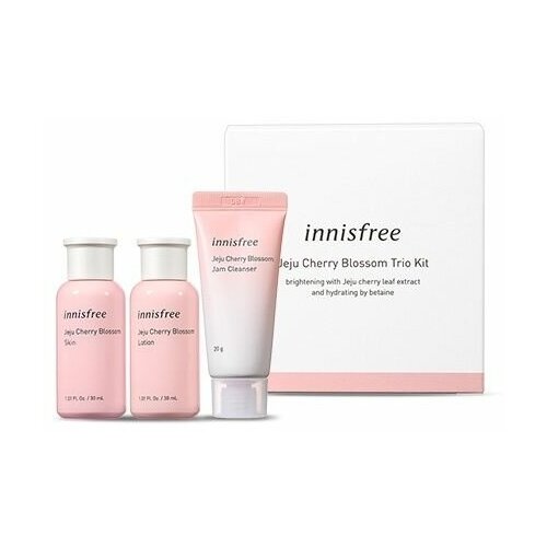 Набор из 3 больших миниатюр Innisfree для сияния кожи Jeju Cherry Blossom Travel Kit (пенка 20 мл, тонер 30 мл, эмульсия 30 мл), корейская косметика