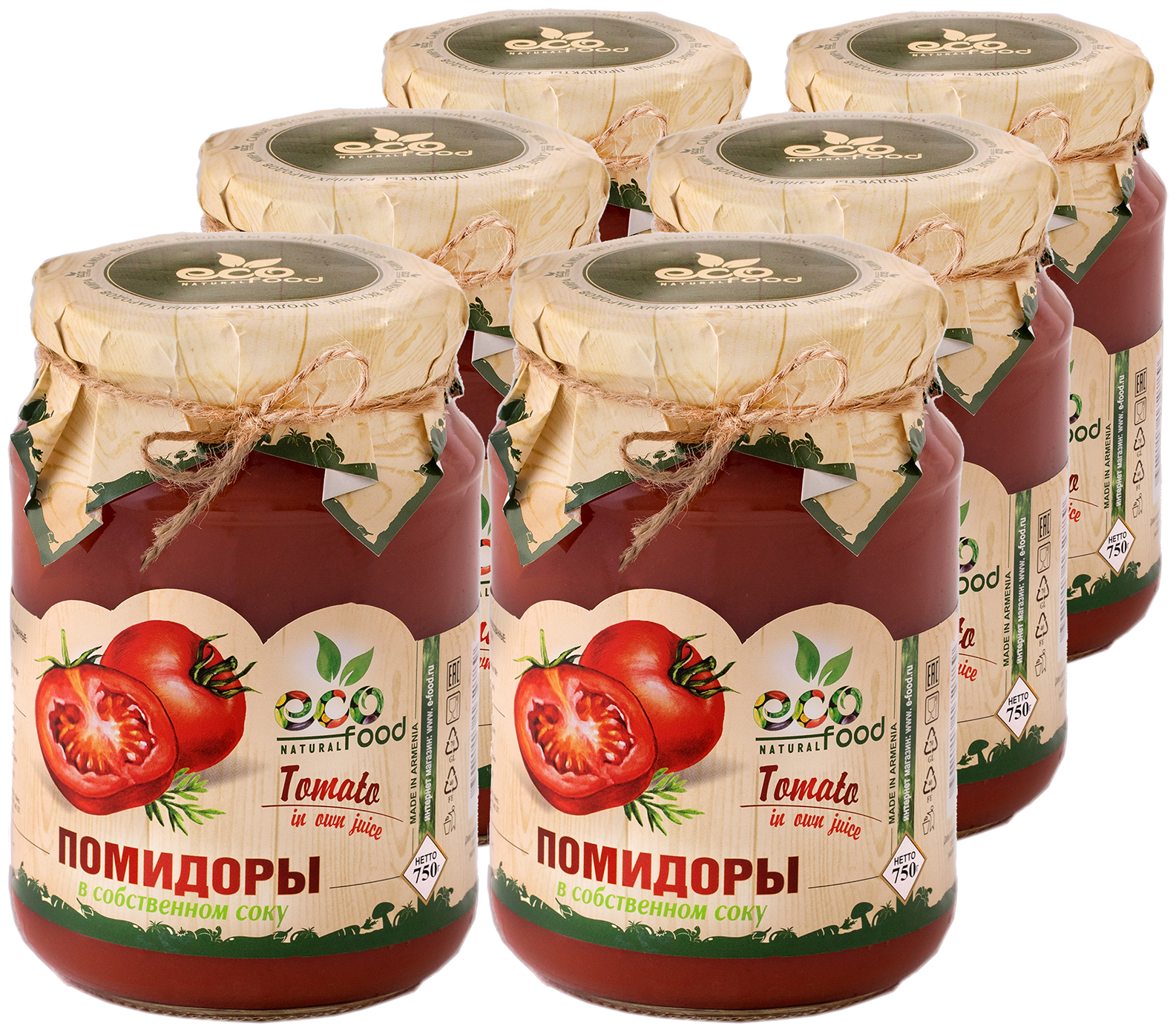 Помидоры в собственном соку, 750г х 6шт ECOFOOD