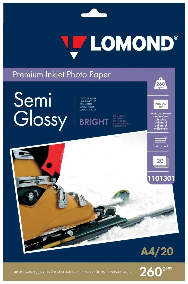 260 г/м, A4, Semi Glossy Bright Premium фотобумага, 20 листов Lomond 1103301