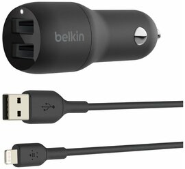 АЗУ Belkin 2 USB-A, 24W, кабель USB-A-LTG 1m, черный (CCD001bt1MBK)