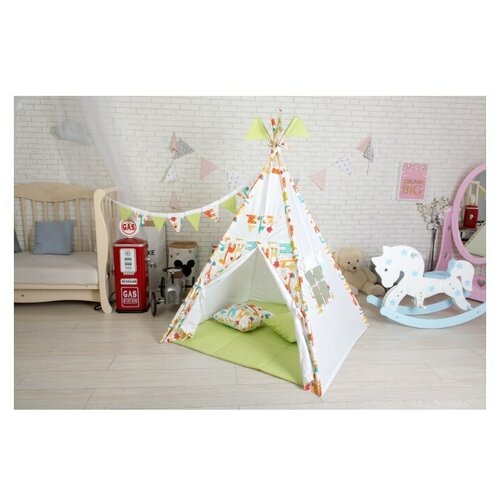 Вигвам Baby-suit Жирафики, с окошком, ковриком, подушками, флажками, гирляндой и системой антискладывания (полный комплект)