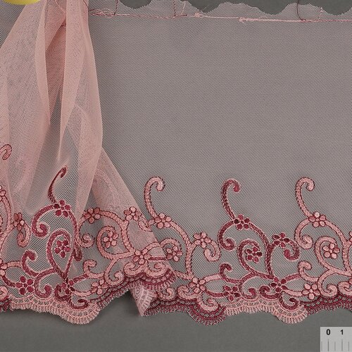 вышивка для одежды Кружево вышивка на сетке KRUZHEVO, арт. TBY. OG36, ширина 220мм, цвет розовый, правая, уп.7,5м