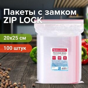 Пакеты с замком ZIP LOCK "зиплок", комплект 100 шт, 200х250 мм, ПВД, толщина 40 микрон, BRAUBERG, 606215