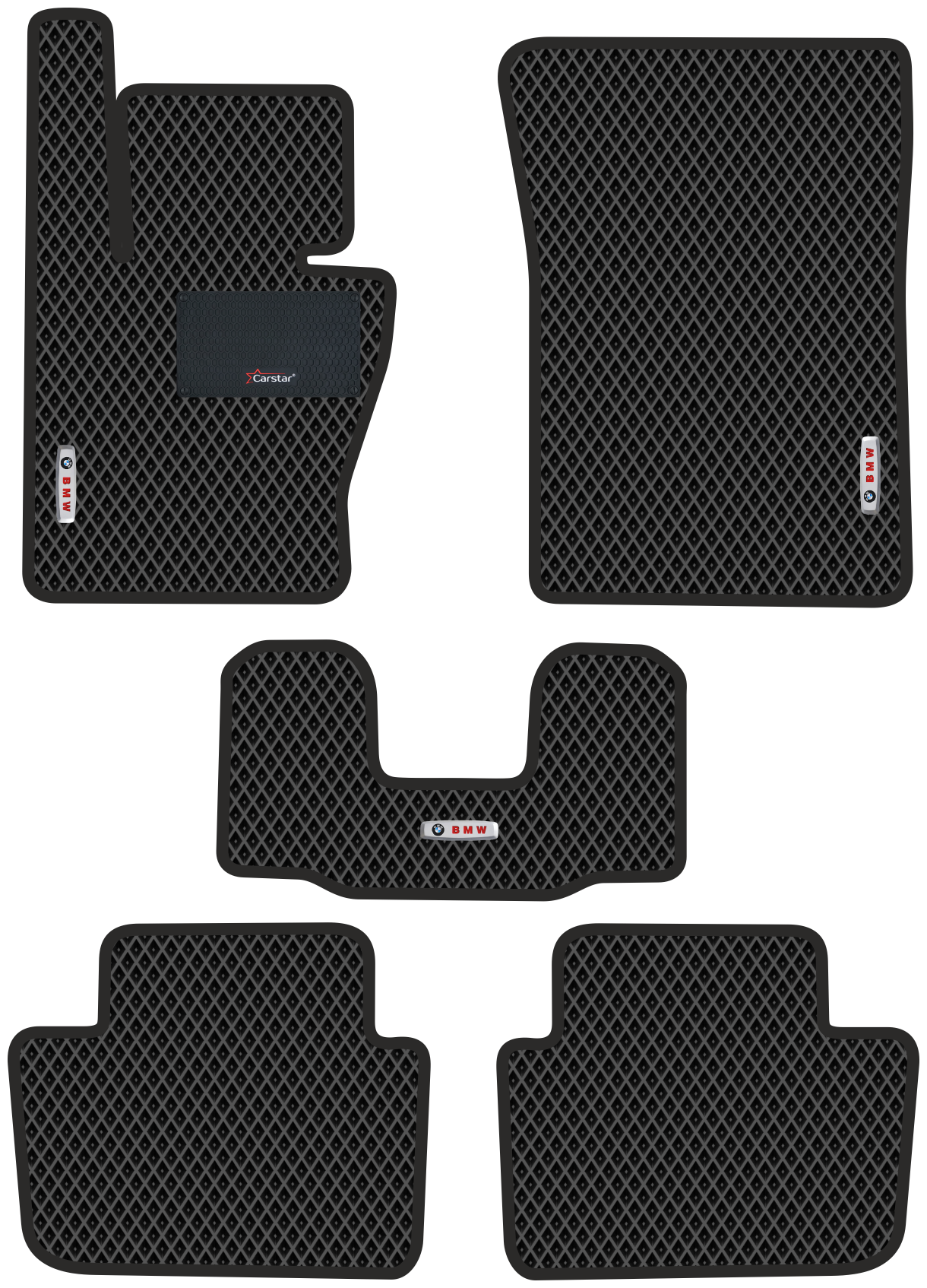 Автомобильные коврики EVA для BMW X3 I E83 (2003-2010) с каучуковым подпятником и 3 эмблемами BMW чёрные с чёрным кантом ячейка - ромб