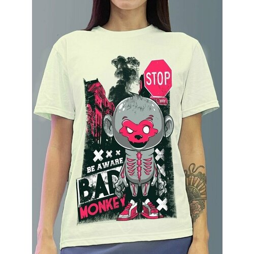 фото Футболка женская белая молочный оттенок из хлопка с dtf принтом bad monkey - 465 будь на стиле