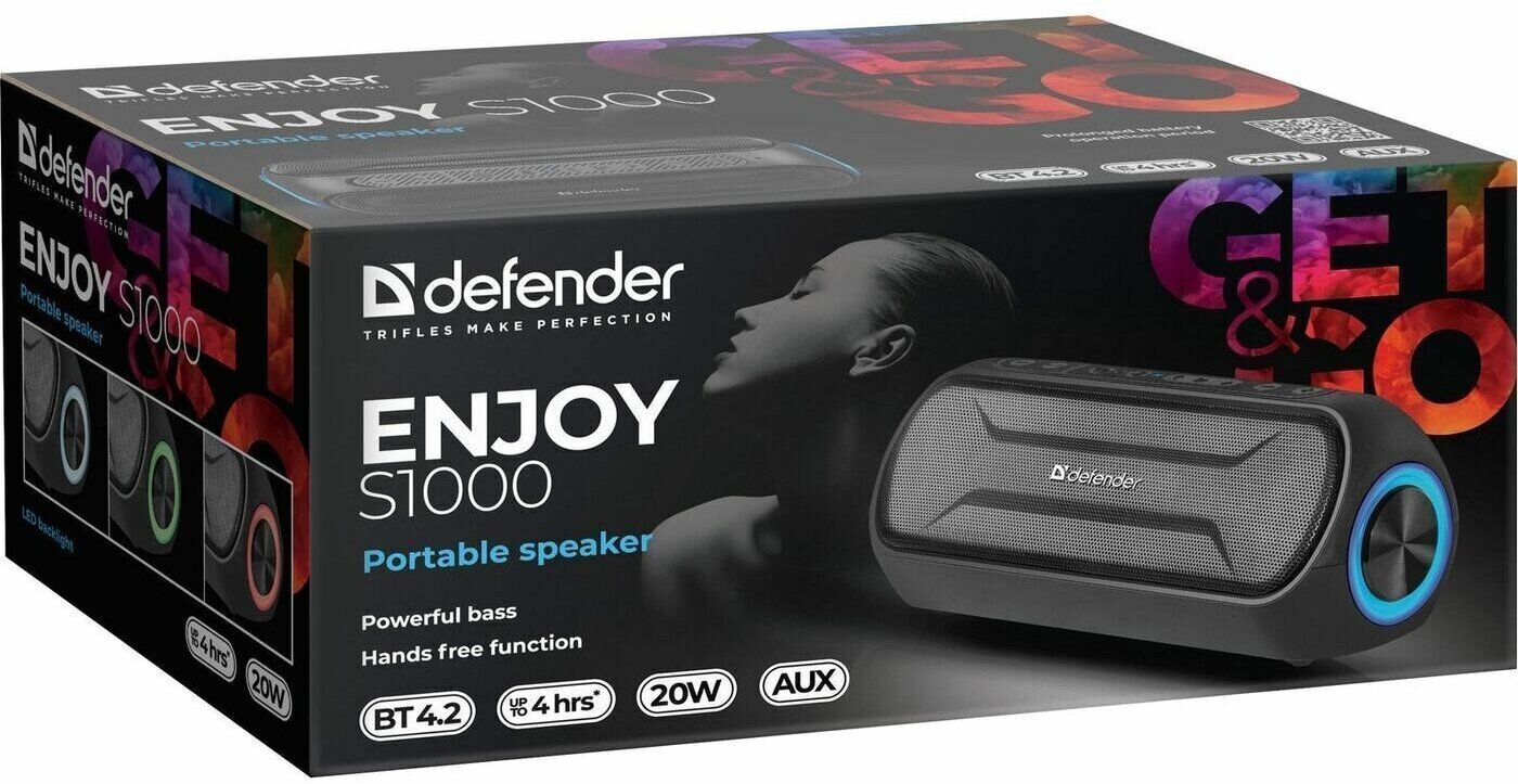 Колонка портативная музыкальная bluetooth беспроводная с блютуз Defender Enjoy S1000 20Вт черная BT AUX с подсветкой
