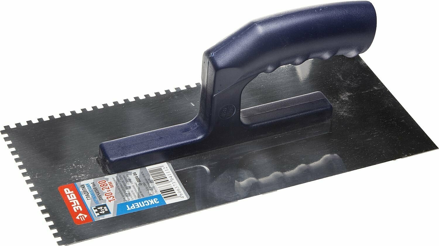 фото ЗУБР Профи 130х280 мм, 4х4 мм, гладилка штукатурная зубчатая нержавеющая с пластиковой ручкой. Серия