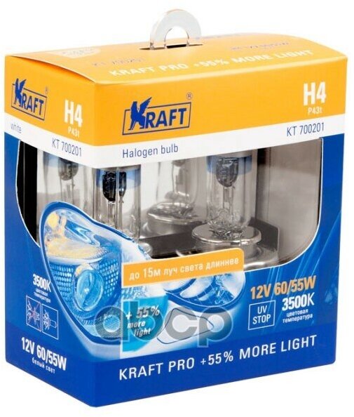 Автолампа Kraft Pro + 55% More Light (2 Шт. Блистер) H4 12V 60/55W (P43t) /T=3500K Kraft арт. KT 700201