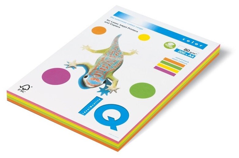 Бумага цветная А4 IQ Color неон 4 цвета по 50 листов 80 г/кв. м 200 листов (RB04)