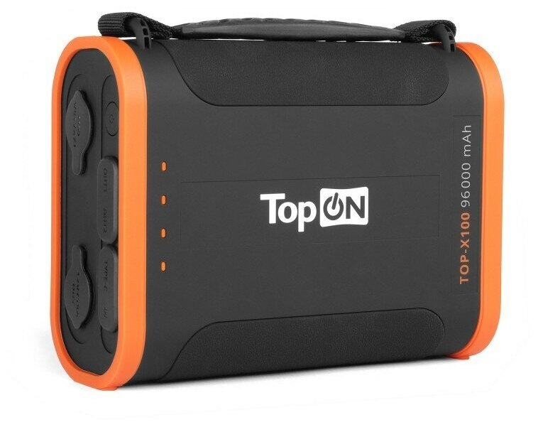 Внешний аккумулятор TopON TOP-X100 96000mAh Type-C PD 60W, USB1 QC3.0, USB2 12W, 2 авторозетки 180W, фонарь, защита от брызг, LiFePO4. Черный